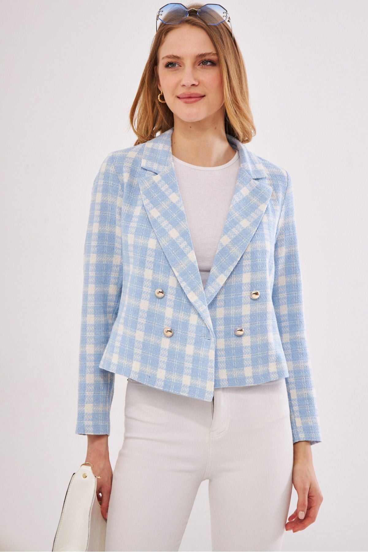 Women's Baby Blue-Ecru Double Breasted Collar Tweed Crop Jacket ARM-24K001014