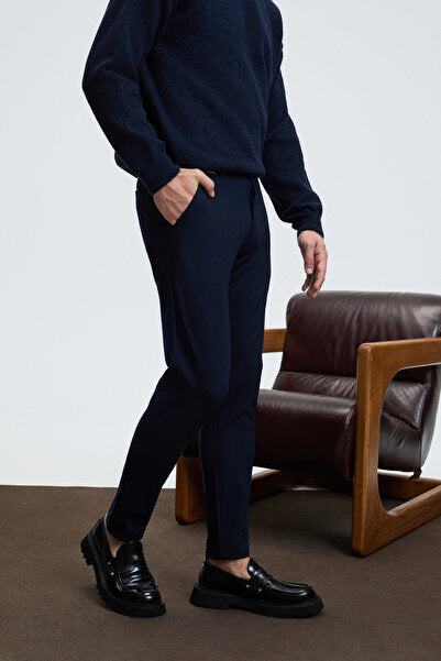 CRUDO Men's Regular Fit Woven Navy Blue Trousers with Side and Back Pockets and Zipper