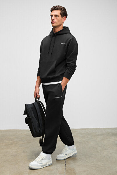 MARSHALLHOODIE Men's Cotton Relaxed Black Tracksuit Set with Fleece Embroidery