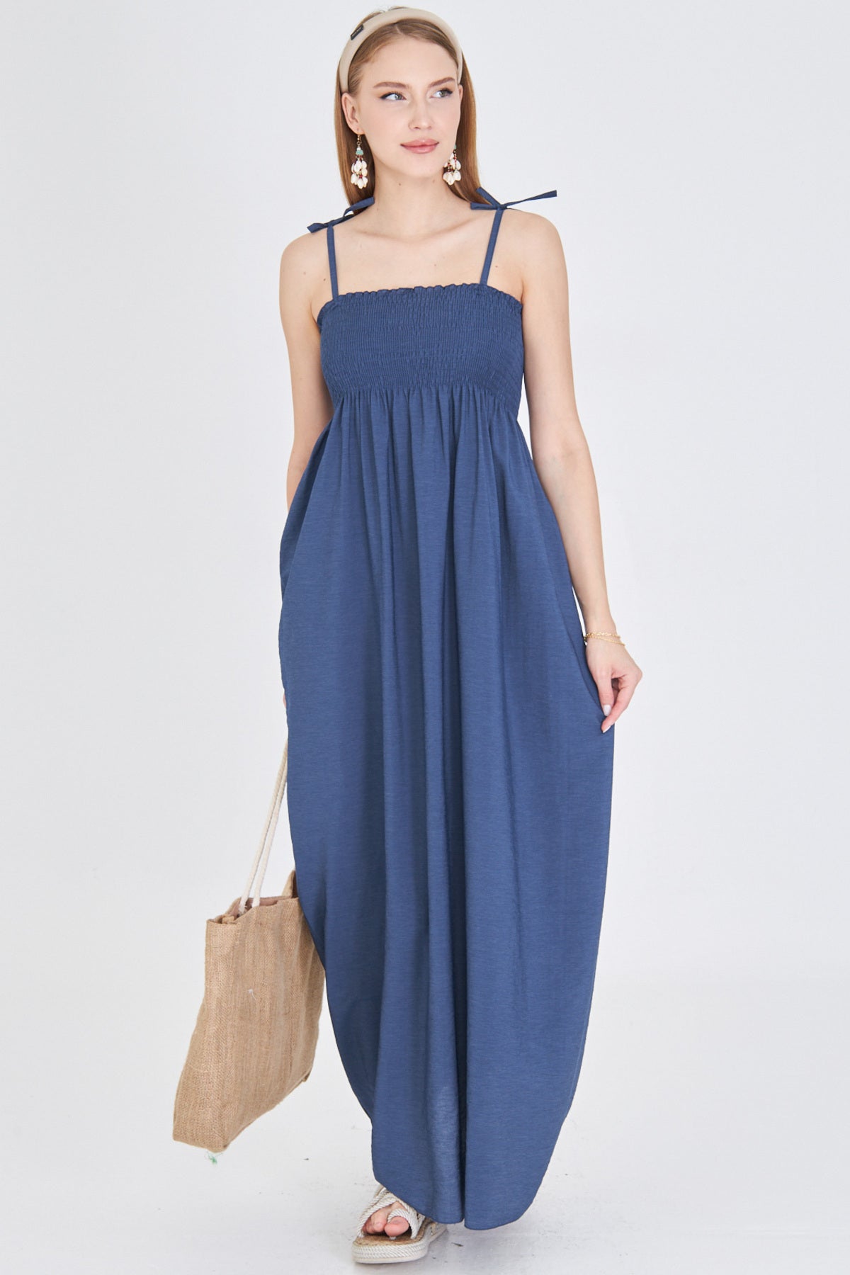 Women's Navy Blue Straps Lace Up Chest Gimp Elastic Long Dress ARM-25Y001069