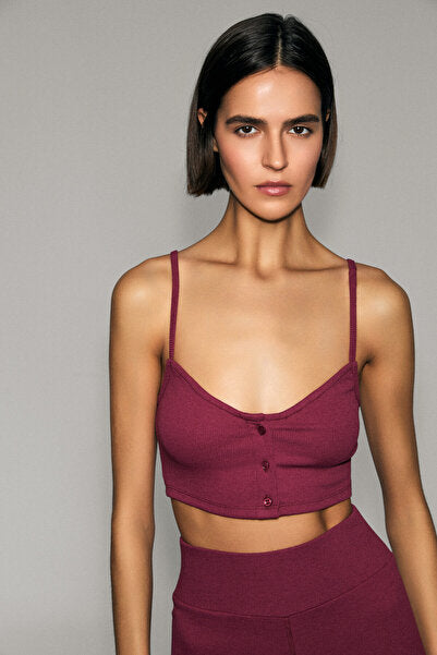 ZERRA Women's Soft and Flexible Fabric Print Detailed Strap Buttoned Claret Red Sports Bra