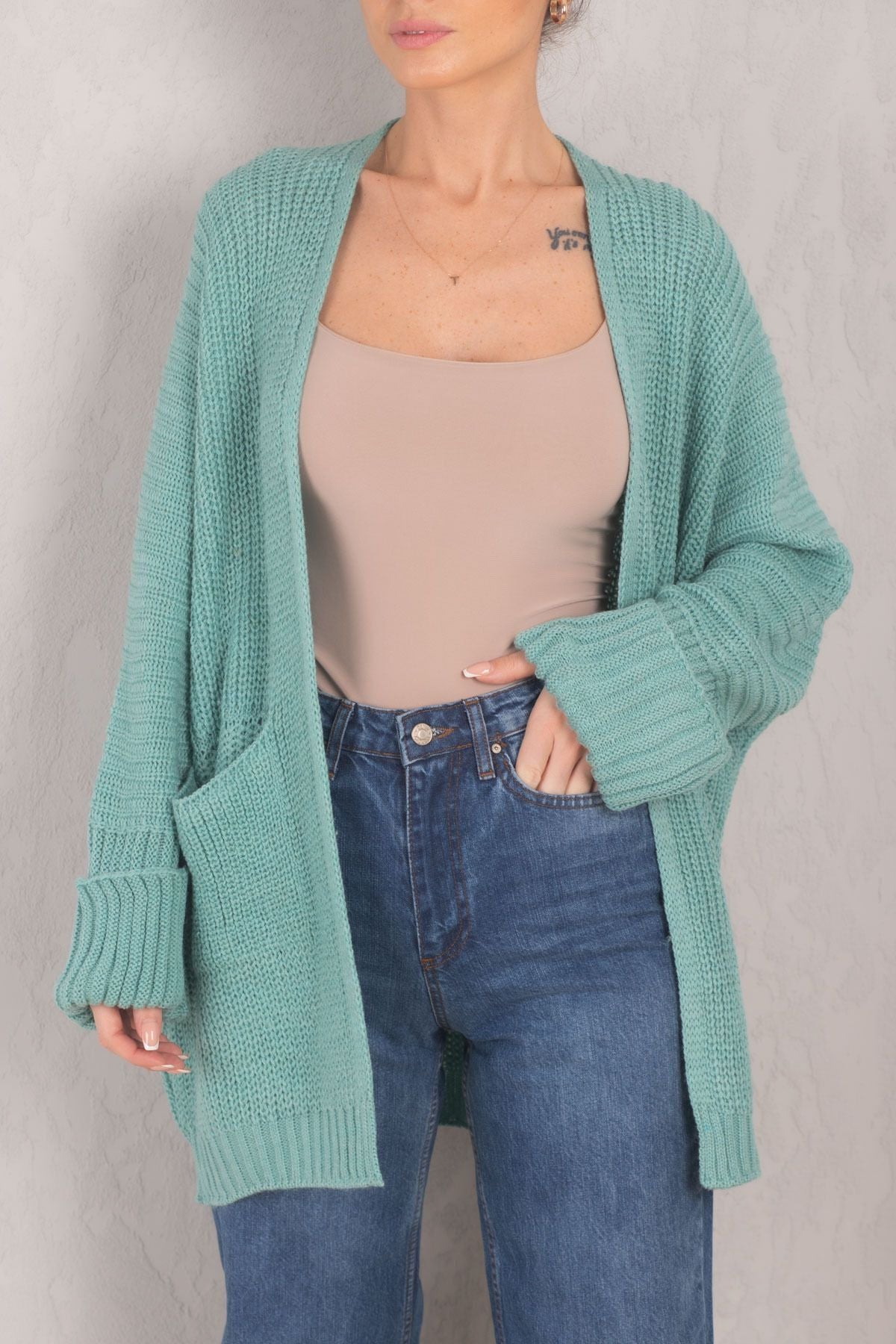 Women's Turquoise Thessaloniki Knitted Pocket Double Sleeve Knitwear Cardigan