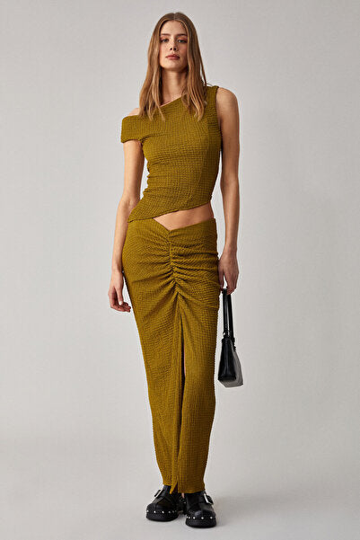 BONIA Women's Slim Fit Knitted Slit Detailed Green Skirt