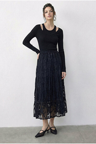 Women's Elastic Waist Self Patterned Lined Midi Skirt 355 60286035