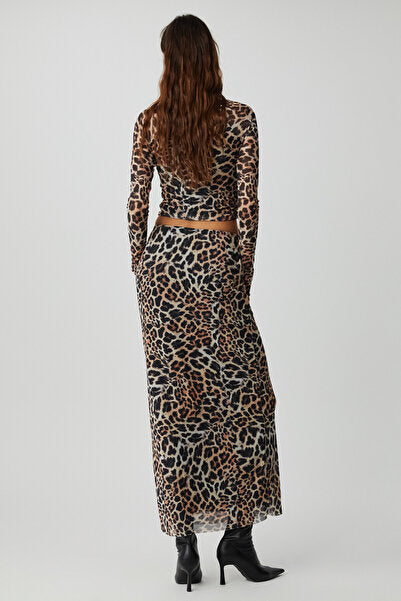 BEULAH Women's Maxi Length Slim Fit Elastic Waist Tulle Batik Patterned Leopard Patterned Skirt