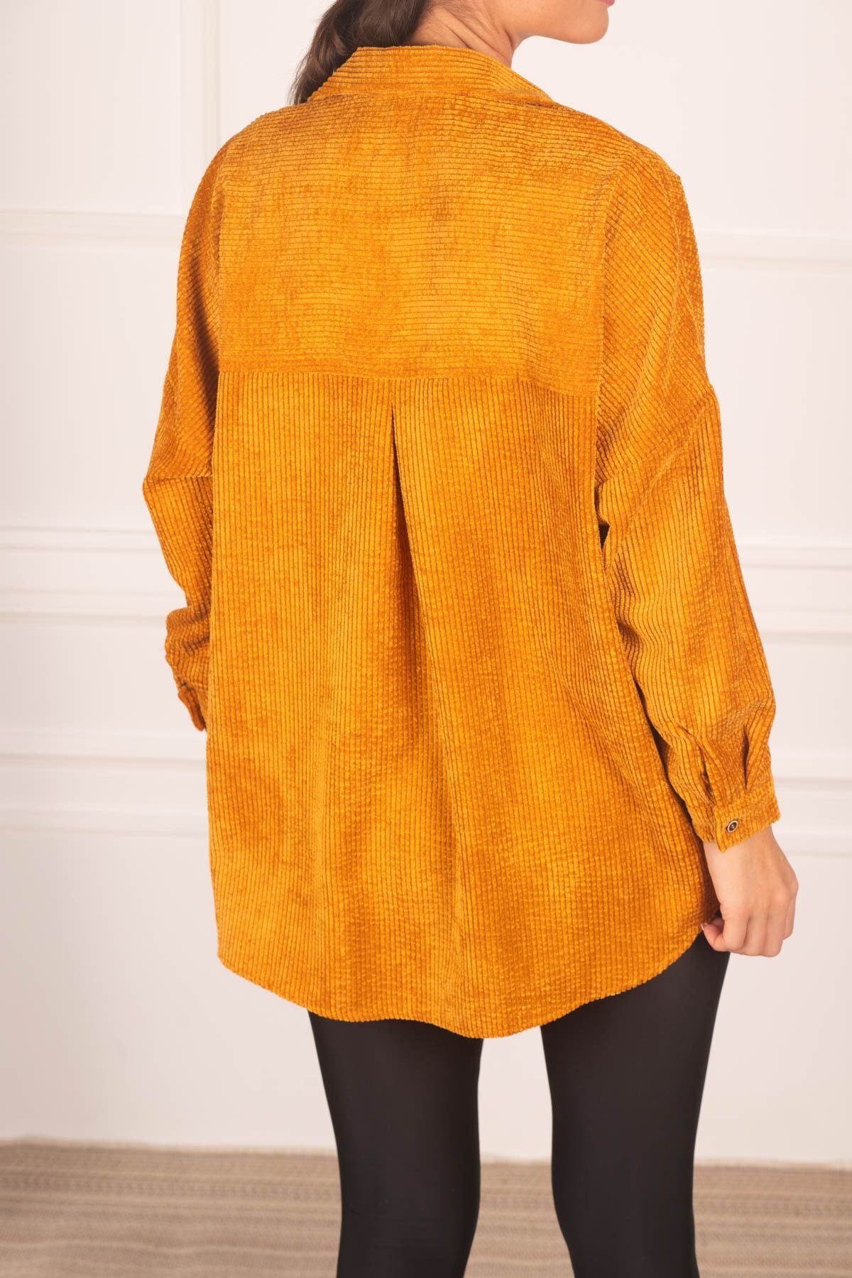 Women's Yellow Pocket Oversize Velvet Long Basic Shirt ARM-22Y001193