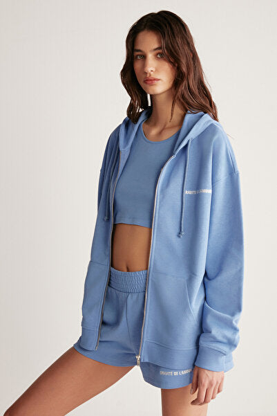 Ametıs Women's Oversize Organic Cotton Metal Zipper Hooded Blue Sweatshirt