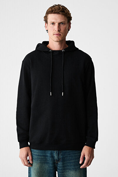 ALESSIO Men's 100% Cotton Hooded Cord Detailed Oversize Fit Black Sweatshirt