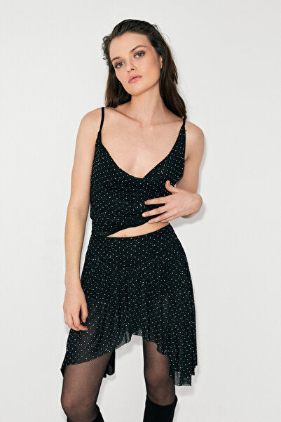 MIENTO Women's Asymmetrical Cut Tulle with Stone Detail and Lined Stylish Mini Black Skirt