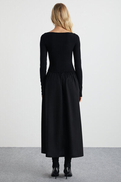 Pani Women's Maxi Length Skirt Part Woven Poplin Flared Top Part Flexible Viscose Elastane Stylish Black Dress