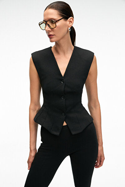 CALYSTRA Women's Flexible Fabric, Front Darts, Buttons, Padded Regular Fit Black Vest