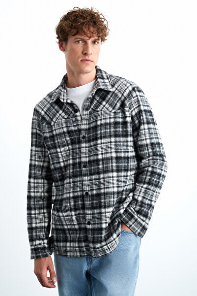 Allenı Men's Cotton Shirt Collar Relaxed Lumberjack Black Shirt