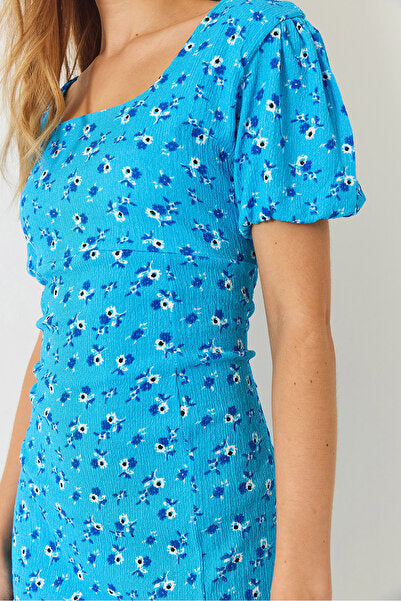 Women's Back Detailed Slit Square Neck Short Sleeve Floral Pattern Dress 60261462