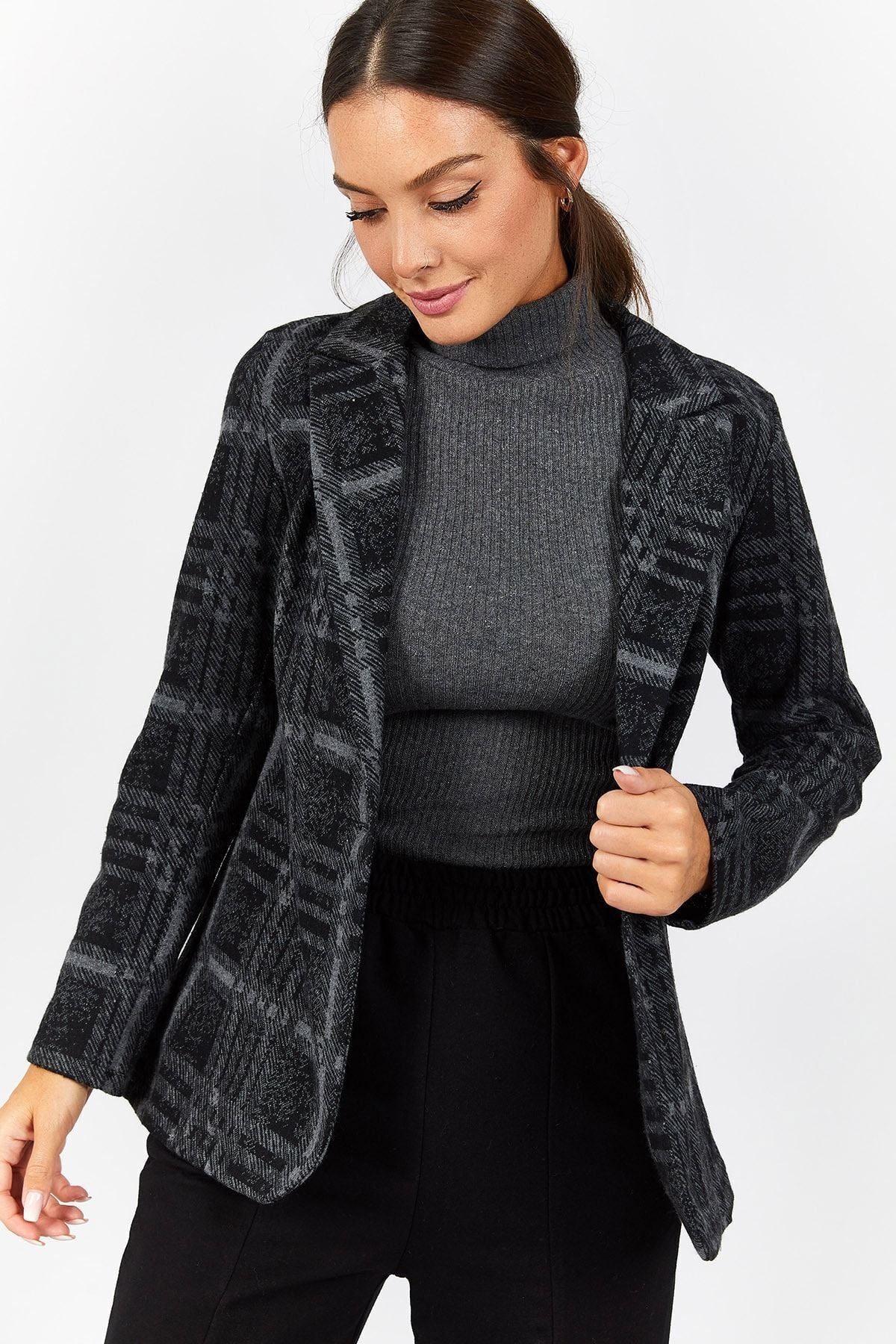 Women's Anthracite Plaid Pattern Single Button Jacket Arm-22Y001163