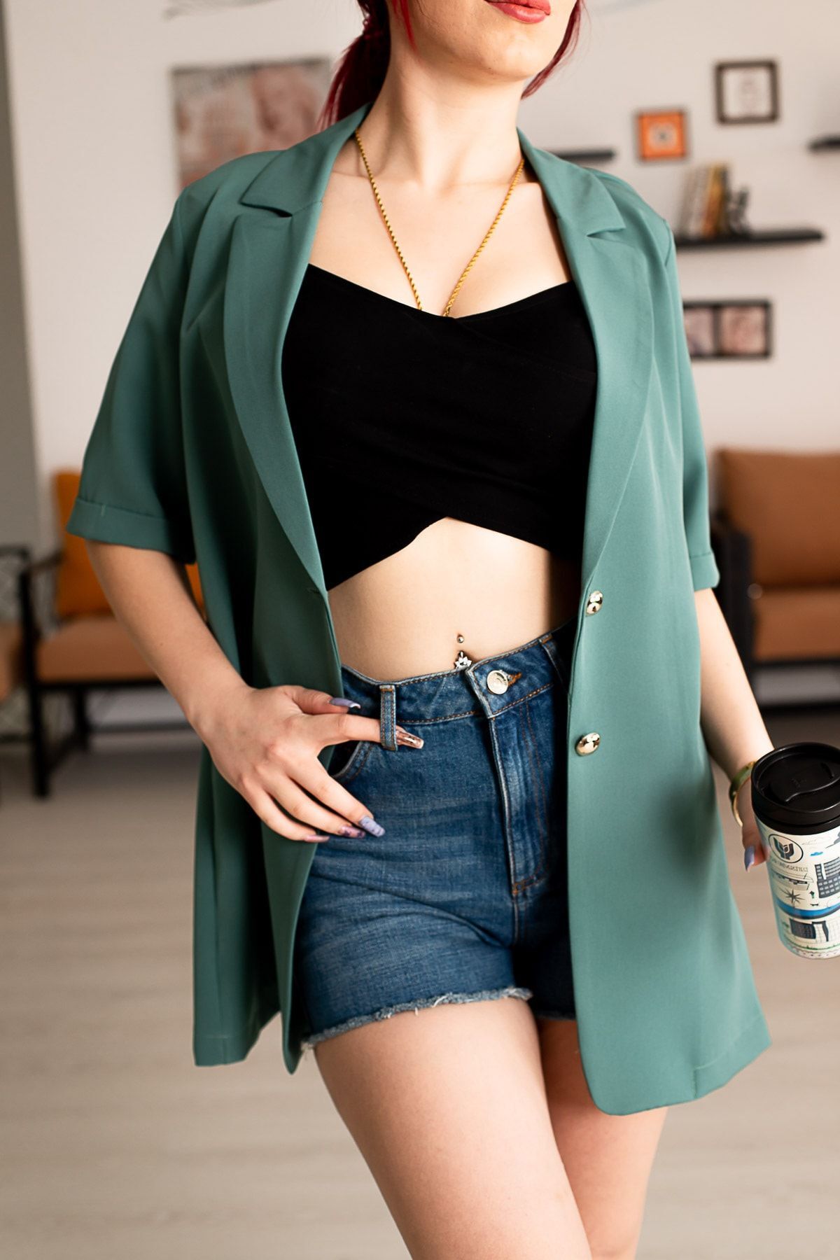 Women's Turquoise Short Sleeve Two-Button Oversize Jacket Arm-23y001034