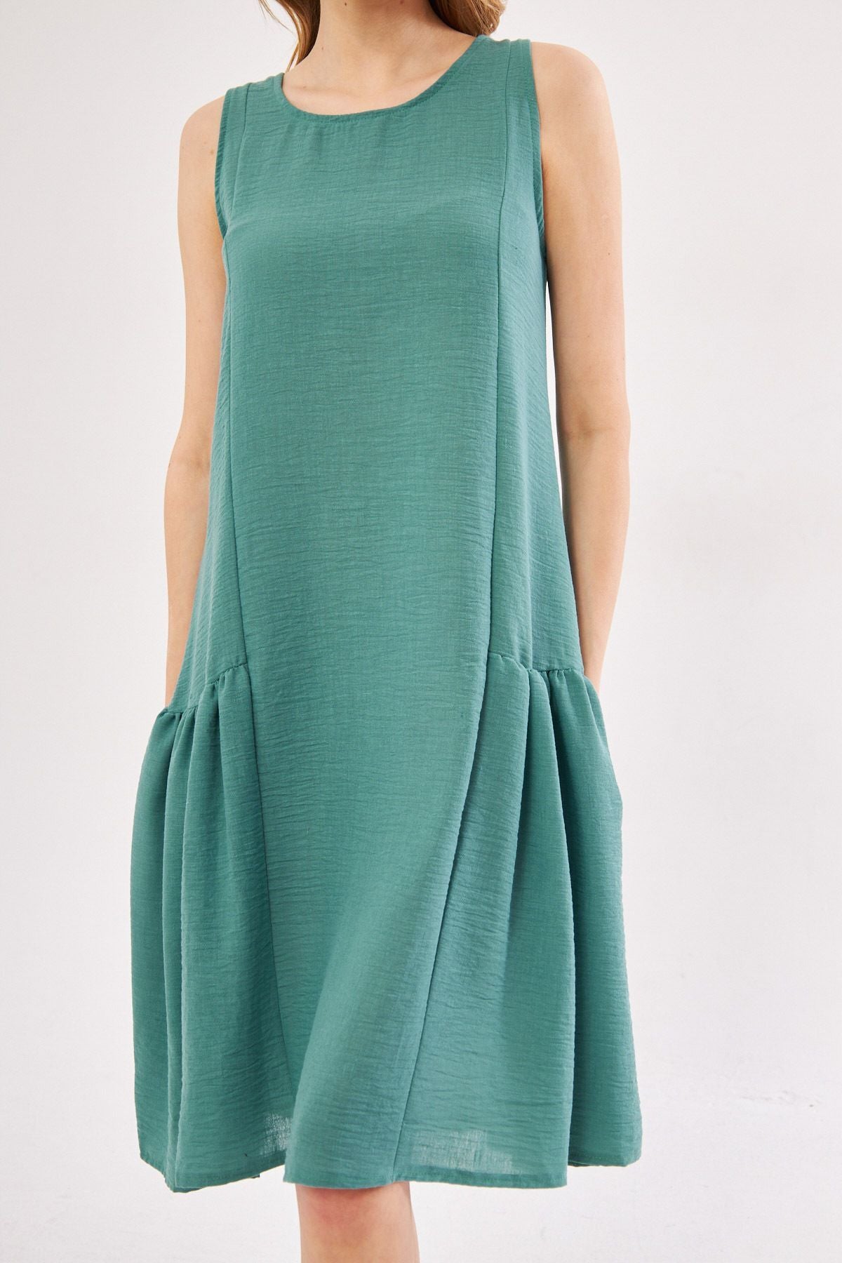 Women's Turquoise Decapende Dress Gathered on the Sides Sleeveless Linen Look Midi Length ARM-24Y001037