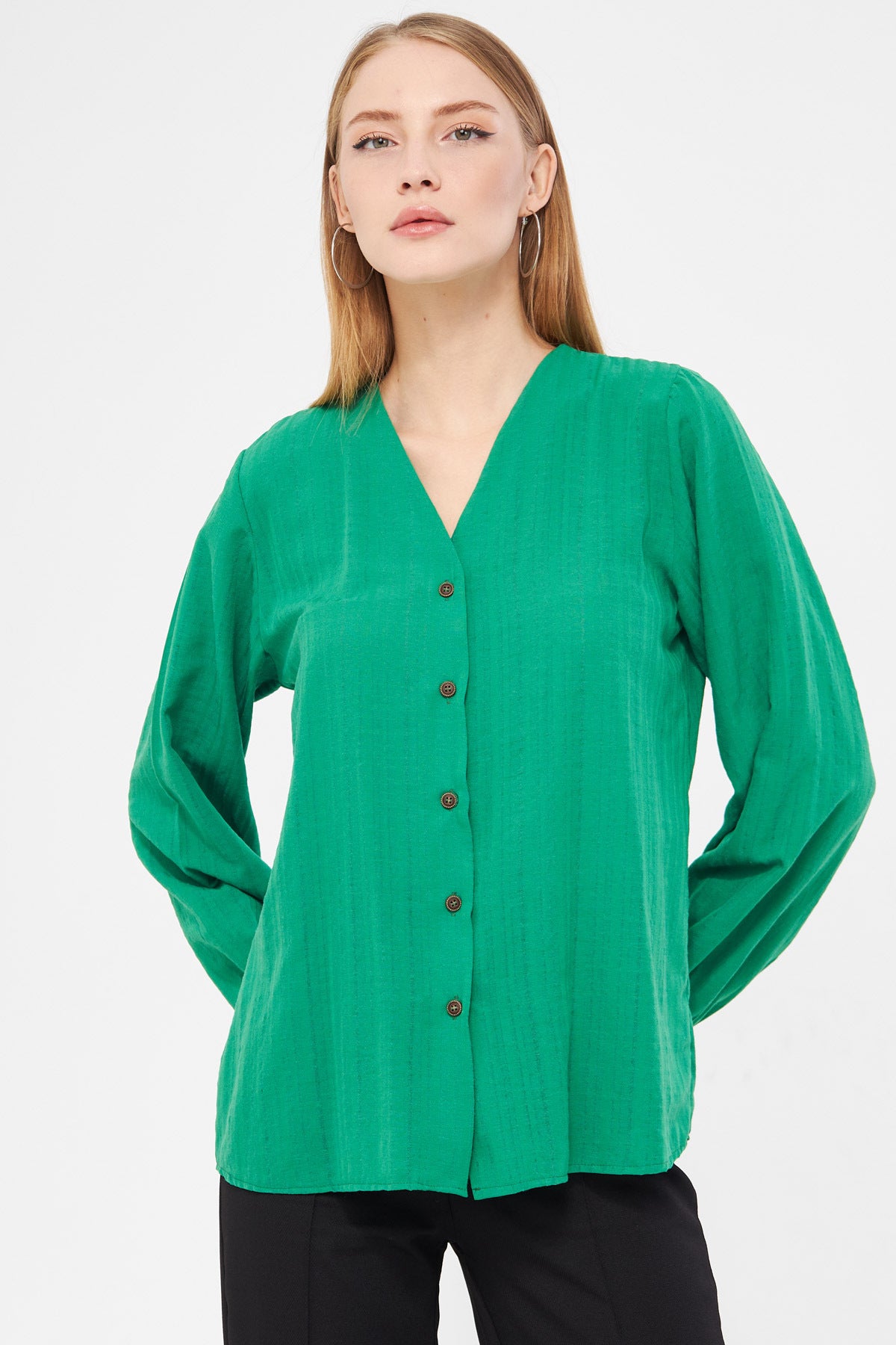 Women's Green Wrapped Shirt with Elastic Sleeves ARM-24K001002