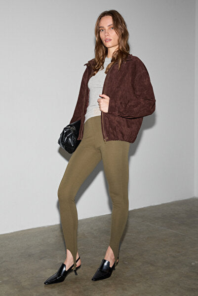 RYSANNE Women's Stretchy Fabric Slim Fit Khaki Trousers with Elastic Detail on the Leg