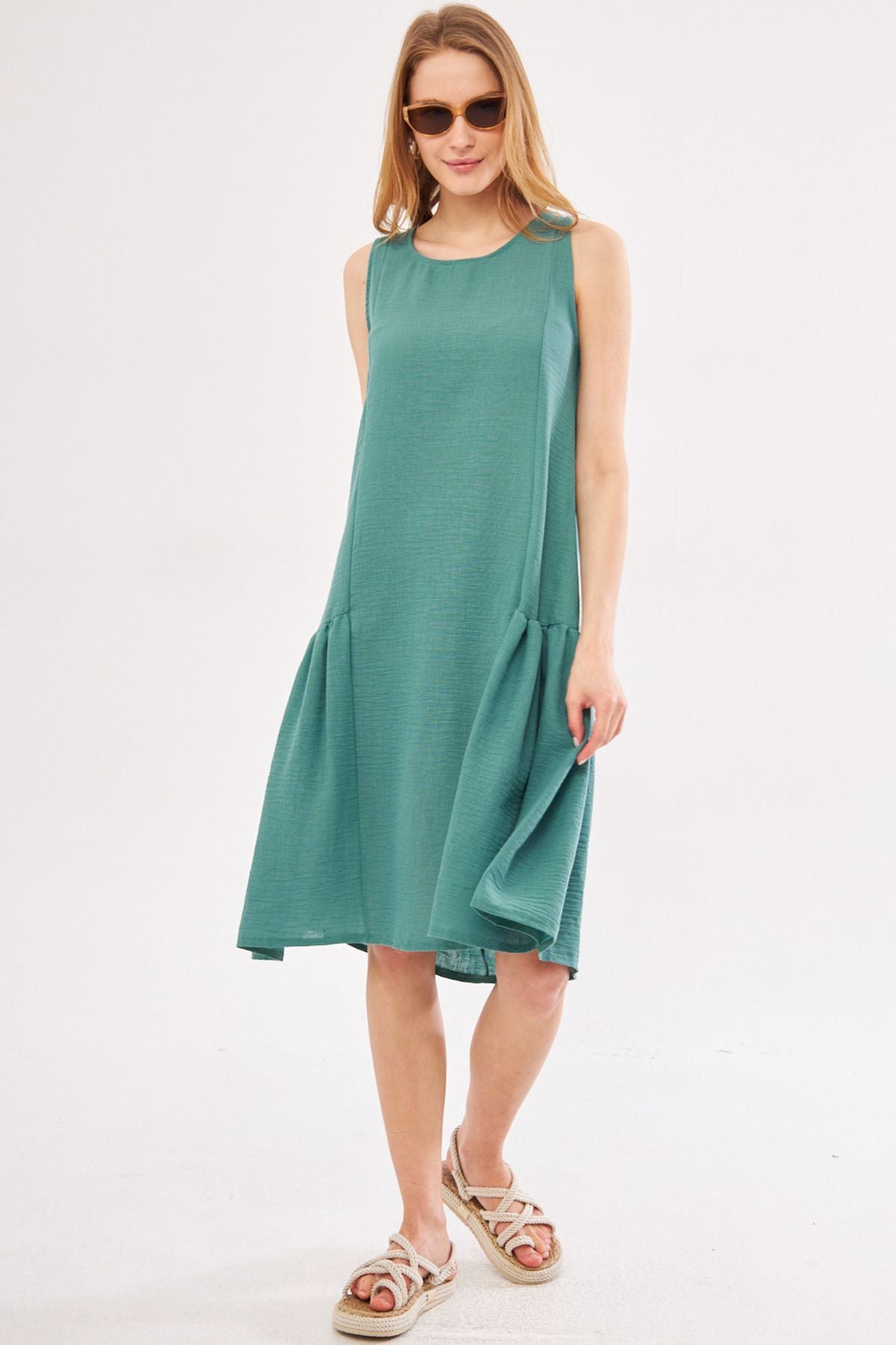 Women's Turquoise Decapende Dress Gathered on the Sides Sleeveless Linen Look Midi Length ARM-24Y001037