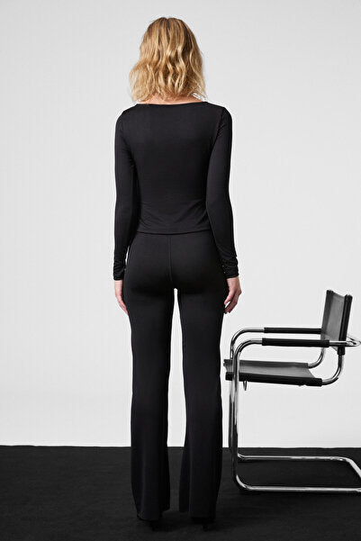 LORELIS Women's Stretchy Fabric Wide Leg Black Trousers with Stitching Detail