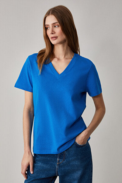 ALINE Women's 100% Organic Cotton Deep V-Neck Comfort Fit Parliament Blue T-Shirt