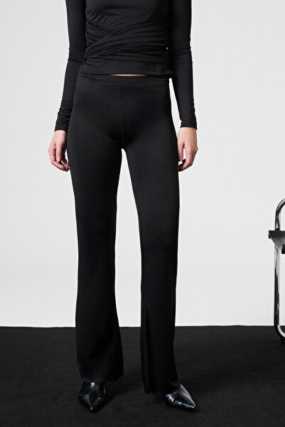 LORELIS Women's Stretchy Fabric Wide Leg Black Trousers with Stitching Detail