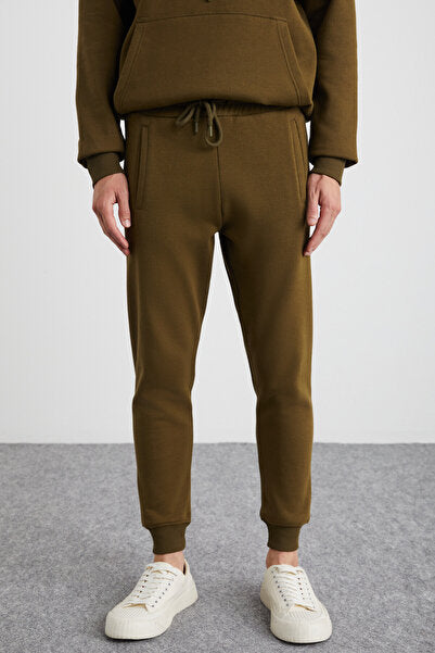 Hakone Men's Organic Cotton Fleece Inside Ribbed Pocket Jogger Khaki Sweatpants