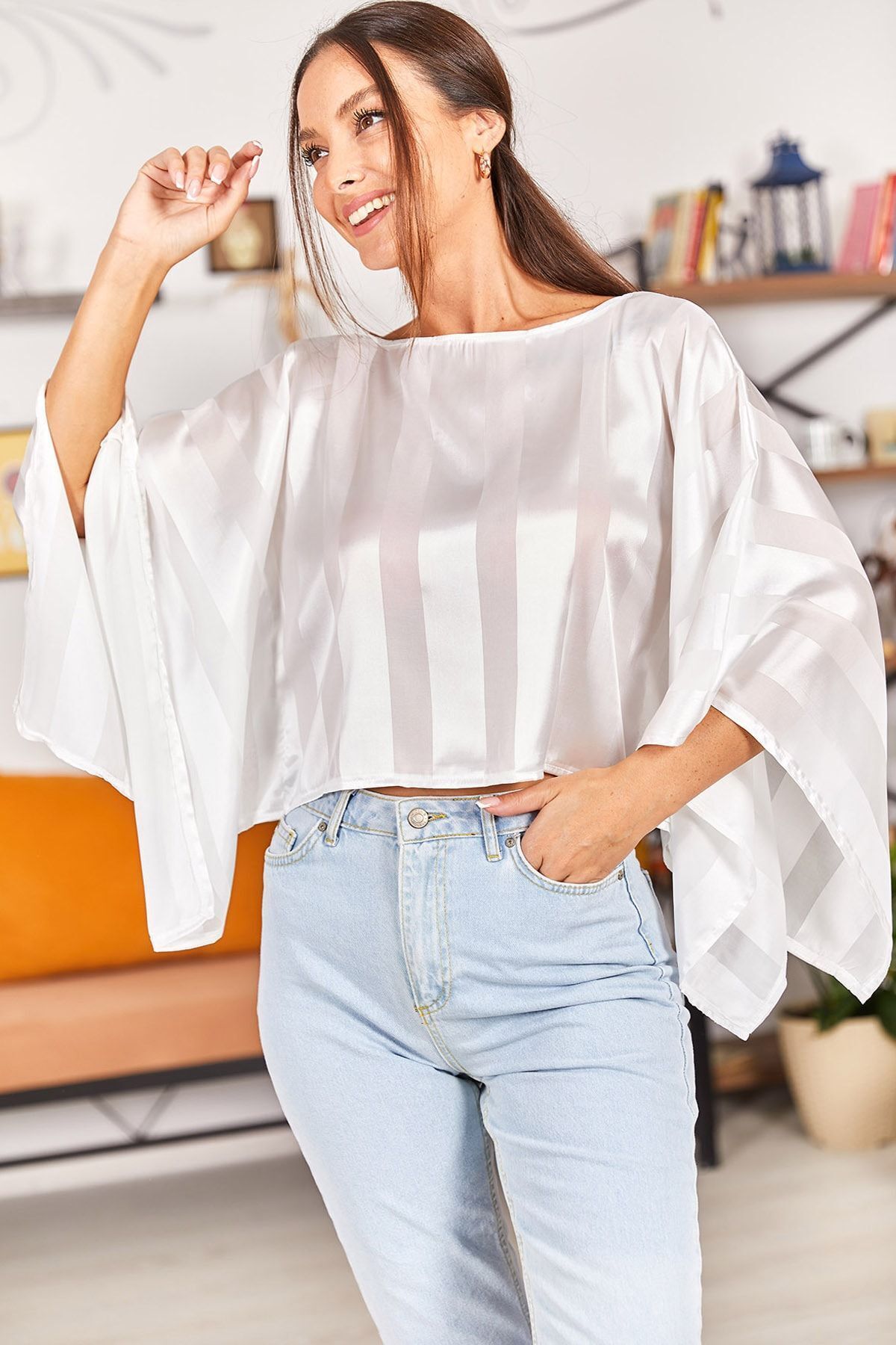 Women's White Satin Thick Striped Casual Crop Blouse ARM-22Y001100