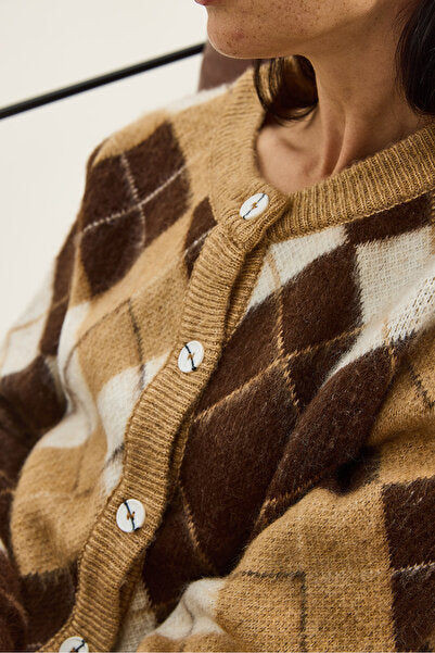 Women's Diamond Patterned Crew Neck Jacquard Cardigan 4922 60283759