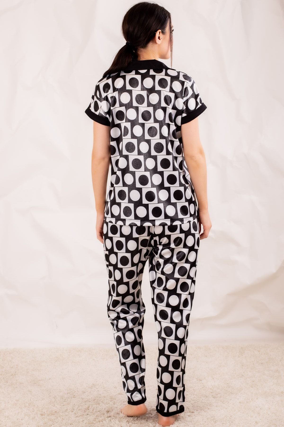 Women's Black Large Polka Dot Collar Satin Pajama Set ARM-20Y001015