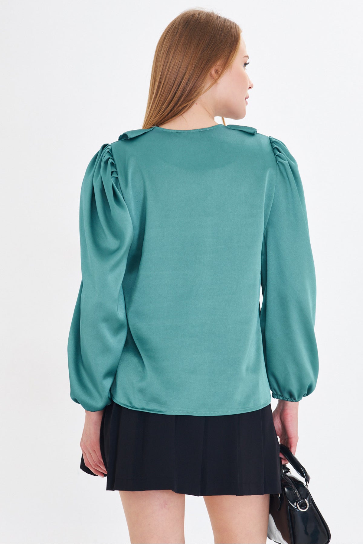 Women's Turquoise Collar Frilled Shoulder Gathered Sleeve Elastic Cotton Satin Blouse ARM-22K001059