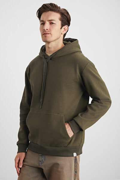 Yokohama Men's Fleece Lined Organic Cotton Regular Kangaroo Pocket Hooded Khaki Sweatshirt