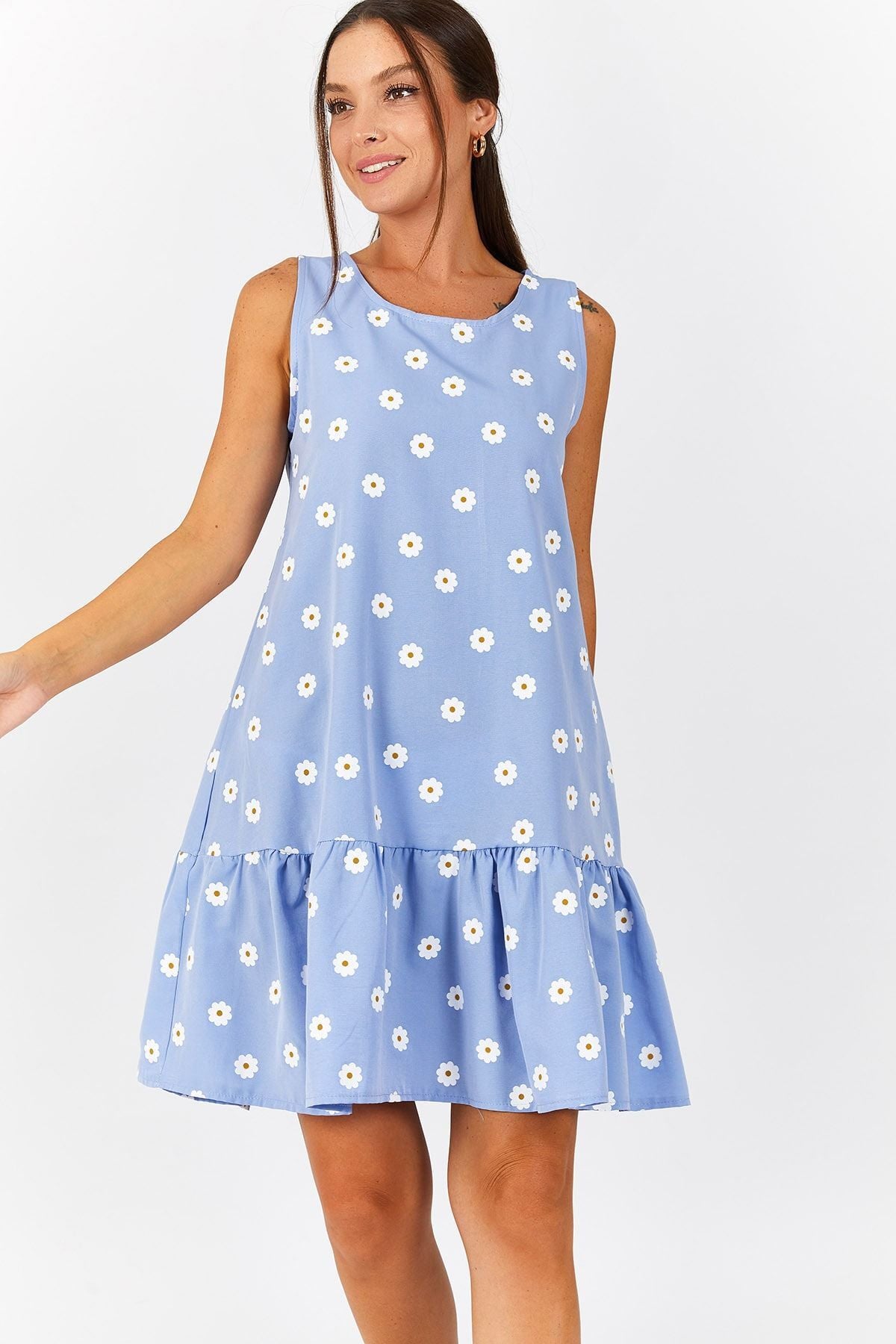 Women's Baby Blue Daisy Pattern Sleeveless Skirt Ruffle Dress ARM-22Y001123