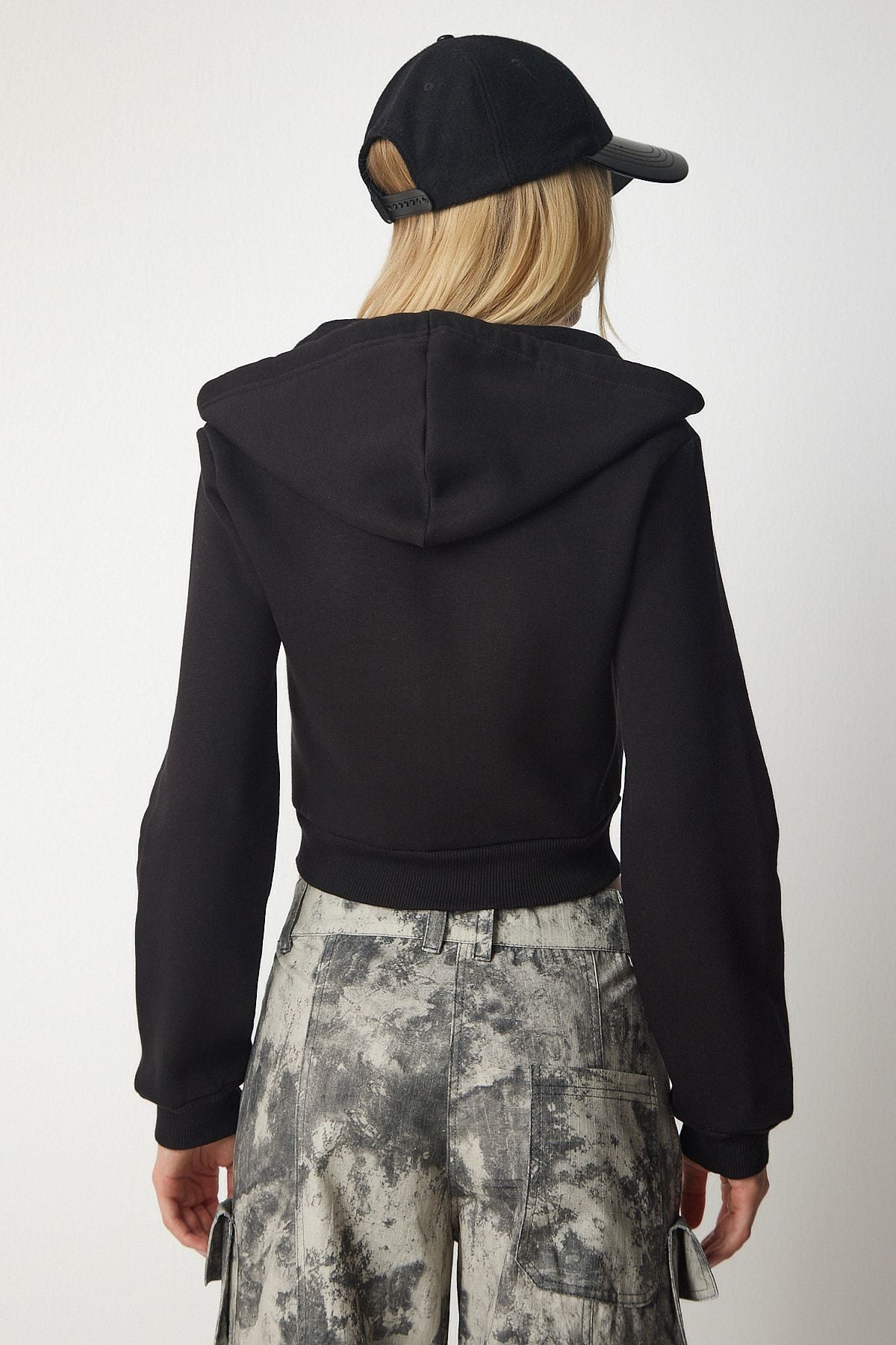 Female Black Hoped Zipper Crop Sweatshirt UB00136