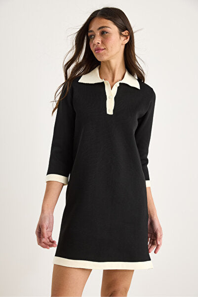 Women's Polo Collar Buttoned Ribbon Detailed Short Comfortable Knitwear Dress 20251042