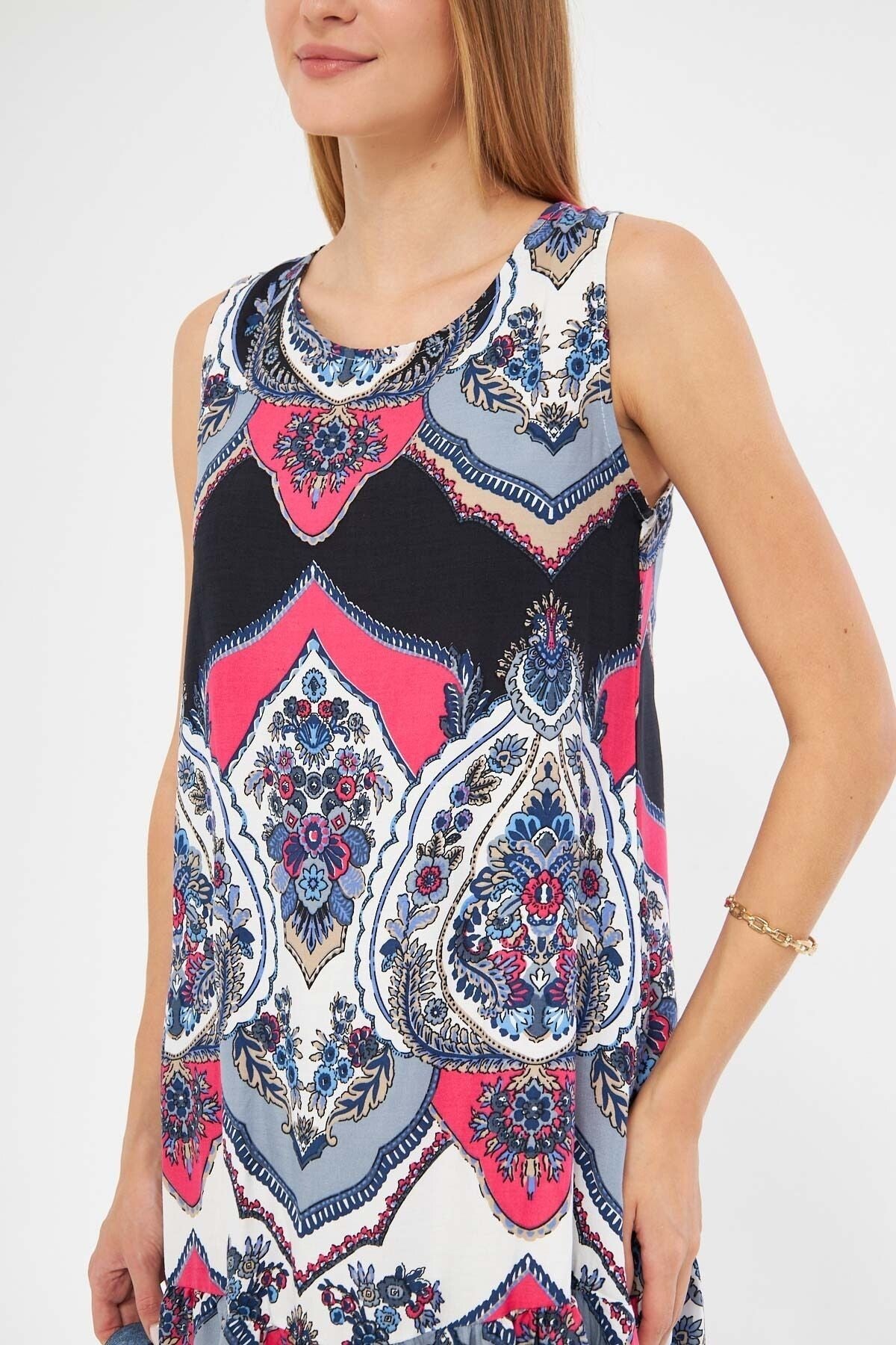 Women's Fuchsia Patterned Sleeveless Skirt Frilly Dress ARM-22K001142