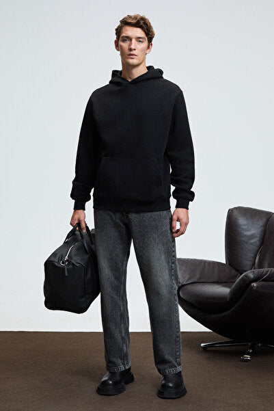 AMOS Men's Soft Fabric 3 Thread Oversize Hooded Kangaroo Pocket Black Sweatshirt