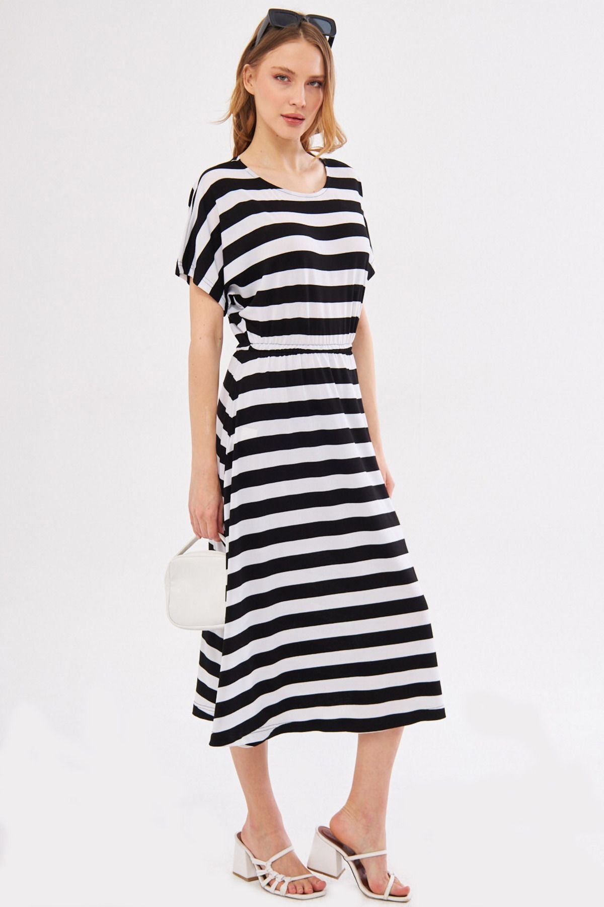Women's White Dekatessera Dress Bat Sleeve Waist Elastic Skirt Lined Striped Midi Size ARM-24Y001036