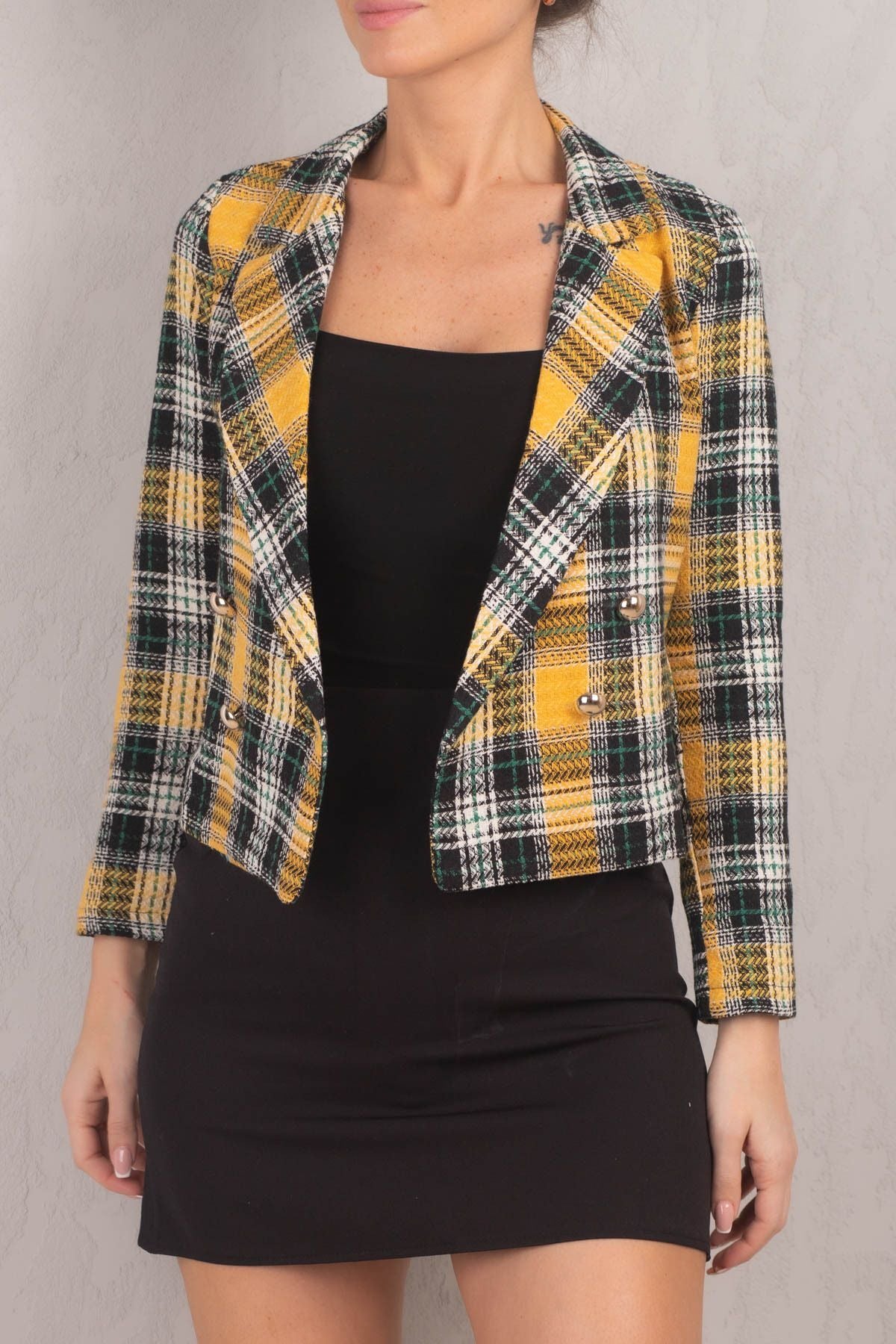 Women's Yellow Double Breasted Collar Tweed Crop Jacket ARM-24K001014