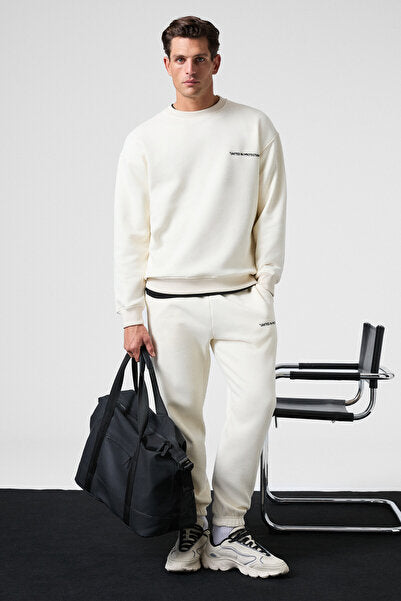 MARSHALL Men's Cotton Embroidered Relaxed Ecru Tracksuit Set