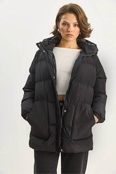 Women's Regular Fit Hooded Zippered Lined Puffer Coat with Pockets 1400 60283685