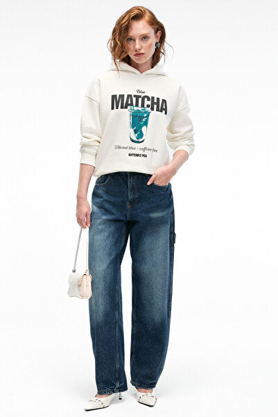 YANMESA Women's Oversize Print and Embroidery Detailed Long Sleeve Hooded White Sweatshirt