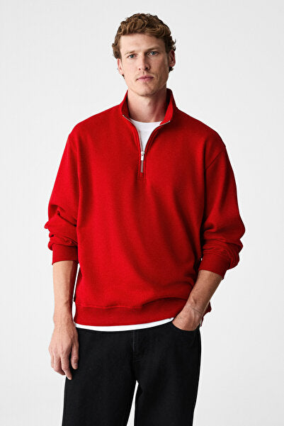 VELVETY Men's Cotton Fleece Inside Stand-up Collar Zippered Long Sleeve Regular Fit Red Sweatshirt