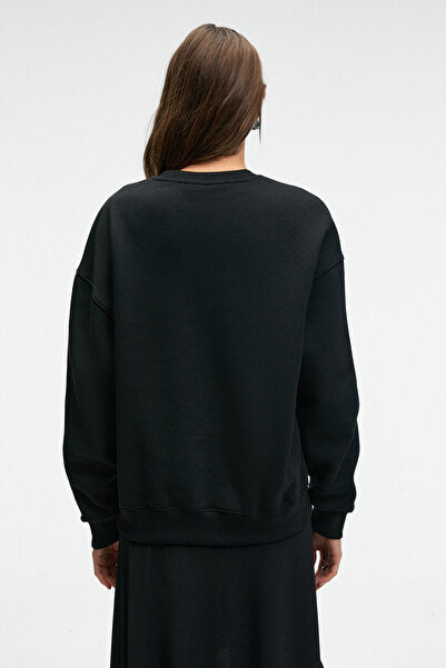 VISTARA Women's Embroidery Detailed Round Neck Regular Fit Black Sweatshirt