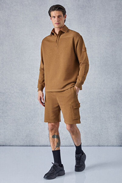 Aatrox Men's Polo Collar Buttoned Long Sleeve Regular Fit Dark Brown Sweatshirt with Embroidery Detail