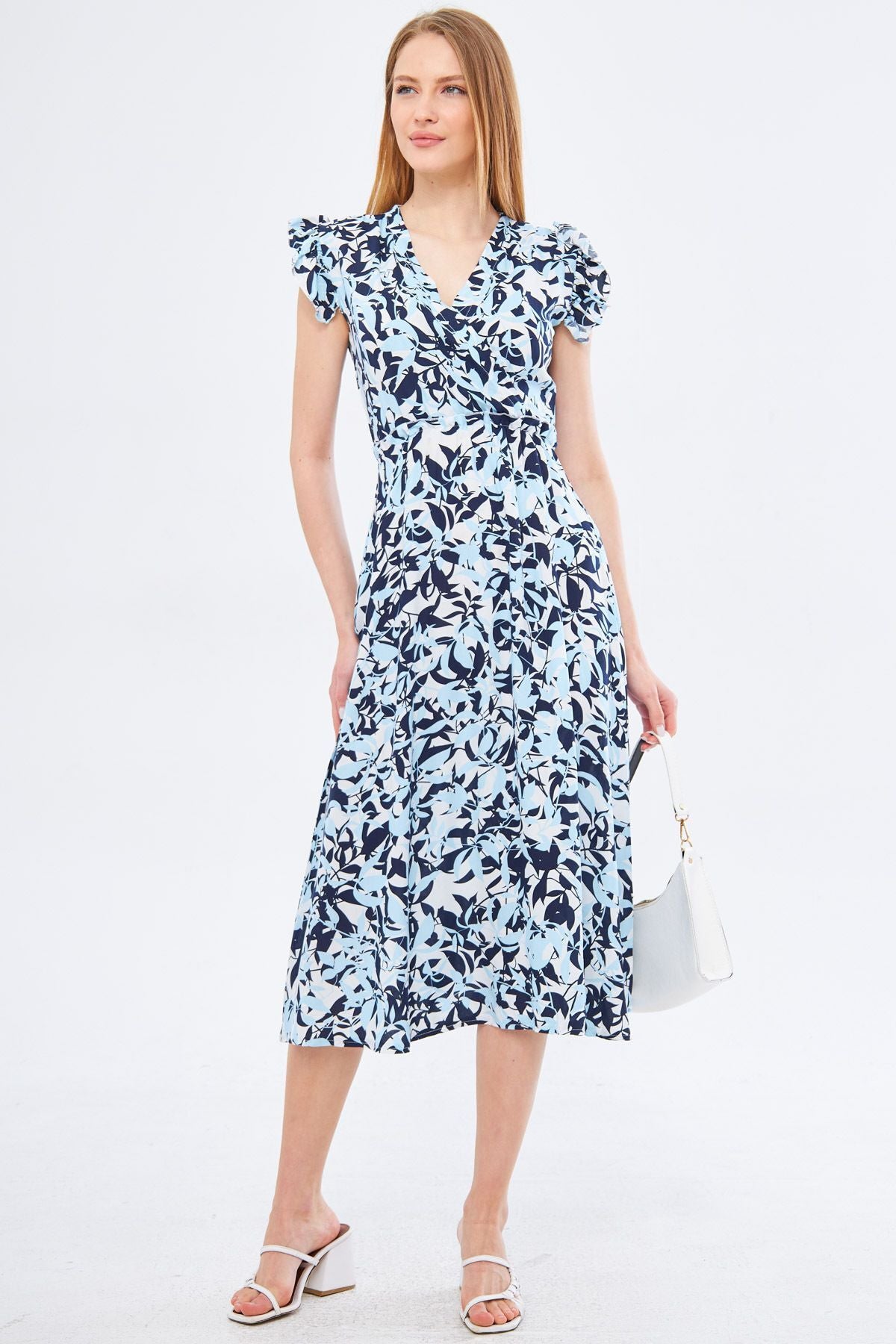 Women's Baby Blue Midi Dress Double Breasted Collar Shoulder Ruffle Detailed Elastic Waist Midi Length ARM-24Y001020