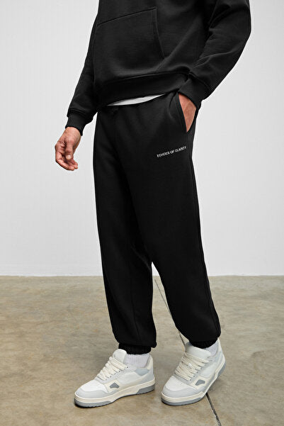 MARSHALLHOODIE Men's Cotton Relaxed Black Tracksuit Set with Fleece Embroidery