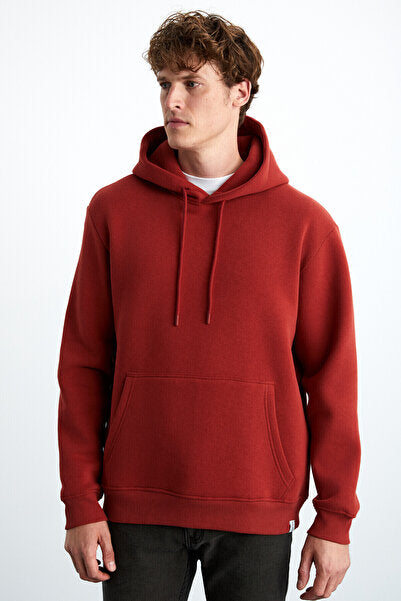 Yokohama Men's Soft Regular Kangaroo Pocket Hooded Brick Color Sweatshirt with Fleece Inside