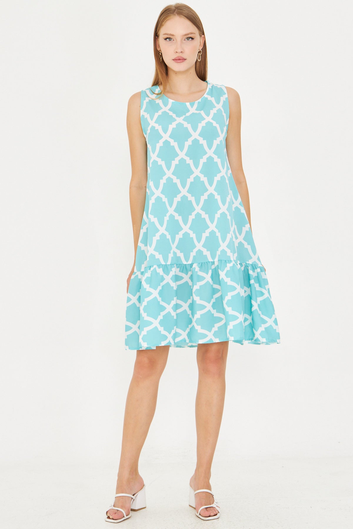 Women's Turquoise Patterned Sleeveless Skirt Frilly Dress ARM-22K001142