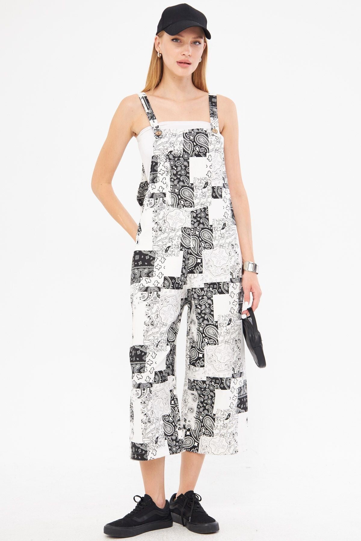 Women's White Patterned Gardener Overalls ARM-24Y001106